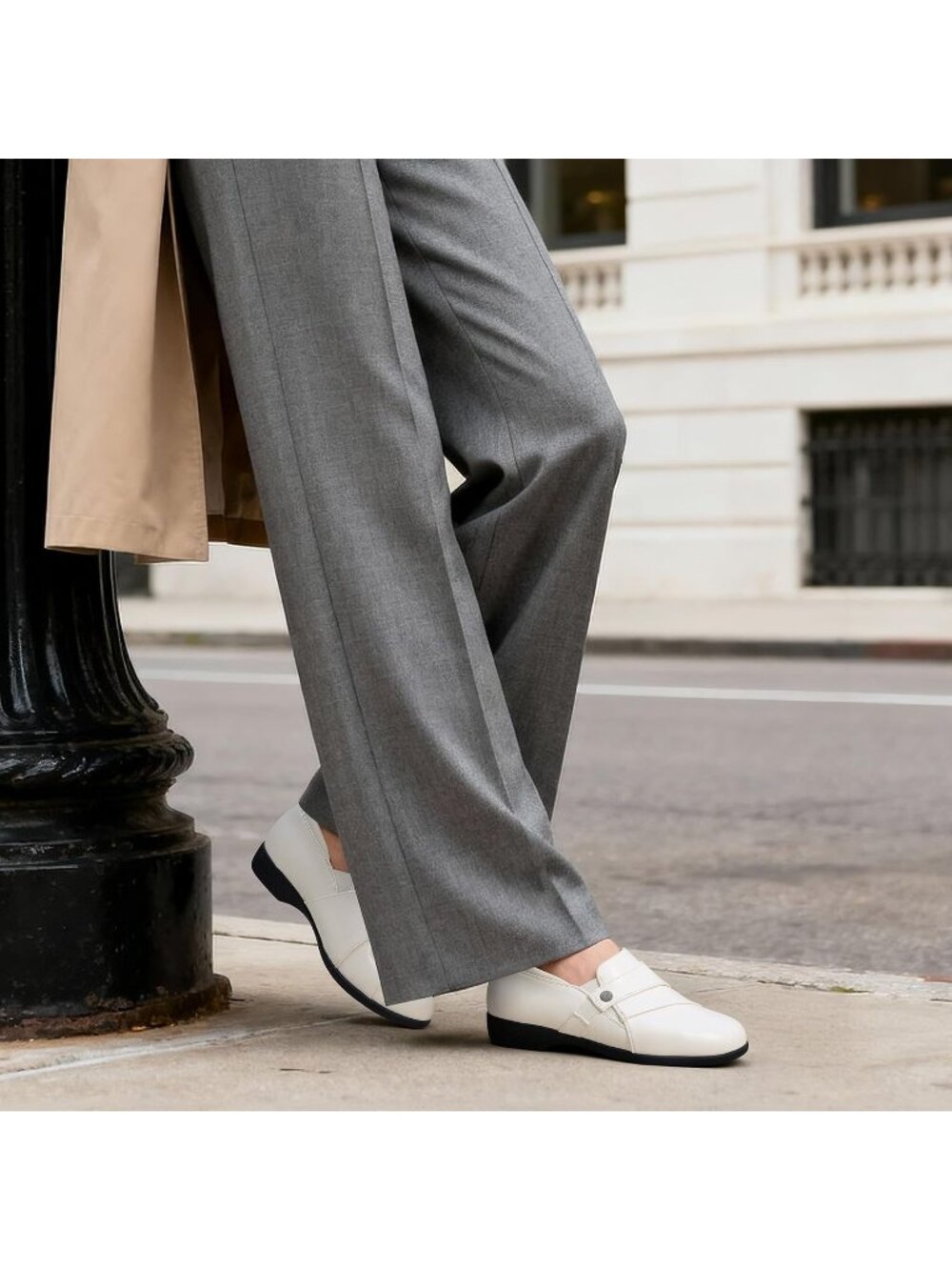 Womens White Faux Leather Business Casual Dressy Loafers Comfortable Loafers - Picture 3 of 6